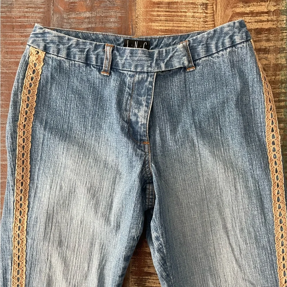 INC International Concepts Blue Jeans with Brown Lace Detail - Picture 1 of 8